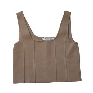 Zara Size M Corset Style Crop Top Tan Square Neck Closet‎ Staple Basic Neutral